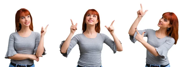 Set Young Redhead Girl Pointing Index Finger Great Idea — Stock Photo, Image