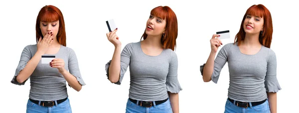 Set Young Redhead Girl Holding Credit Card — Stock Photo, Image