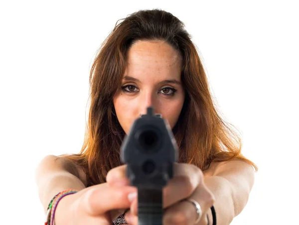女孩抱着一支手枪 — 图库照片