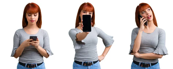 Conjunto Menina Ruiva Jovem Usando Telefone Móvel — Fotografia de Stock