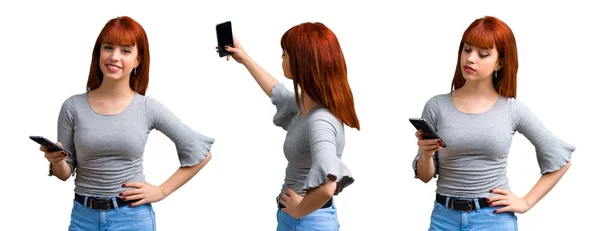 Aantal Jonge Roodharige Meisje Maken Selfie Met Cellphone — Stockfoto
