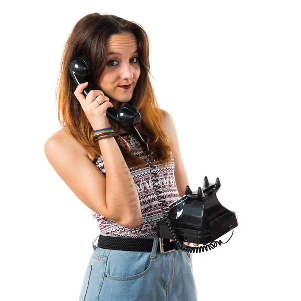 Tjejen Pratar Med Vintage Telefon — Stockfoto
