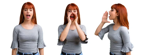 Set Young Redhead Girl Shouting Mouth Wide Open — Stock Photo, Image