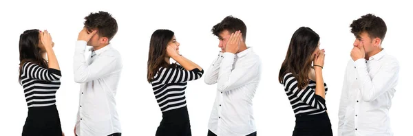 Collage Eines Jungen Paares Das Ohren Augen Und Mund Bedeckt — Stockfoto