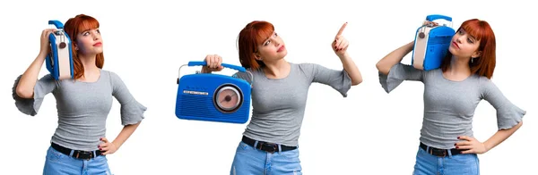 Set Von Jungen Rothaarigen Mädchen Mit Einem Blauen Vintage Radio — Stockfoto