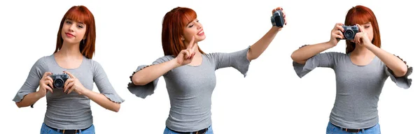 Set Young Redhead Girl Making Selfie — Stock Photo, Image