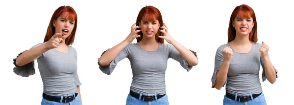 Set Young Redhead Girl Annoyed Angry Furious Gesture — Stock Photo, Image