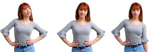 Conjunto Jovem Ruiva Posando Com Braços Quadril — Fotografia de Stock