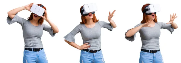 Conjunto Chica Pelirroja Joven Usando Gafas Experiencia Realidad Virtual — Foto de Stock