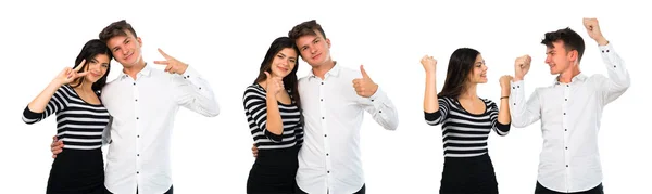 Collage Pareja Joven Dando Gesto Hacia Arriba Pulgares Sonriendo — Foto de Stock