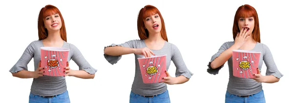 Uppsättning Ung Rödhårig Flicka Äter Popcorns — Stockfoto