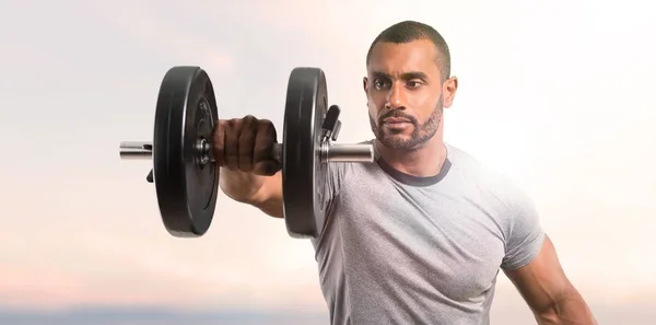 Strong Handsome Sport Man Making Weightlifting Exercising Shoulders Sunset Background — Stock Photo, Image