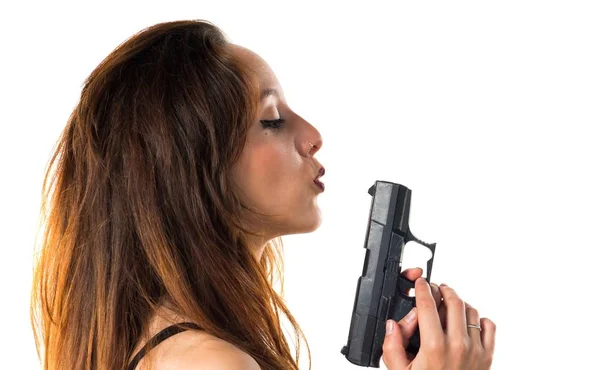 Menina Segurando Uma Pistola — Fotografia de Stock