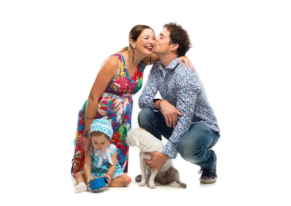 Pregnant Woman Her Little Girl Her Husband Her Dog Isolated — Stock Photo, Image