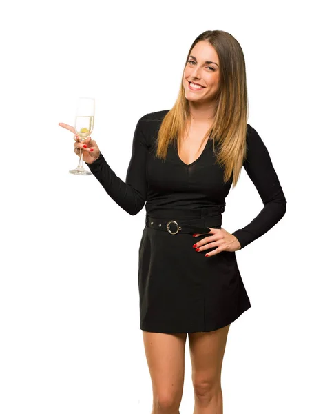 Woman Champagne Celebrating New Year 2019 Pointing Finger Side Presenting — Stock Photo, Image