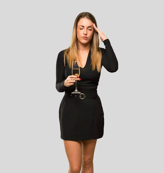 Vrouw Met Champagne Nieuwjaar 2019 Ongelukkig Met Iets Vieren Negatieve — Stockfoto