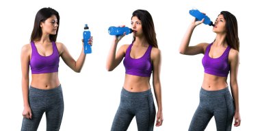 Genç kümesi bir şişe ile spor kız