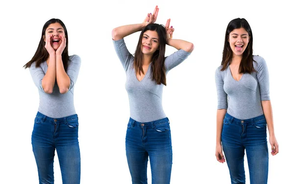 Set Van Tiener Meisje Maakt Grappige Gek Gezicht Emotie — Stockfoto