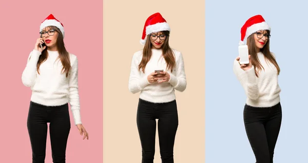 Set Girl Celebrating Christmas Holidays Sending Message Email Mobile — Stock Photo, Image