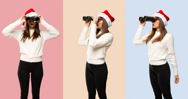 Set Van Girl Met Kerstvakantie Vieren Zoek Naar Iets Verte — Stockfoto
