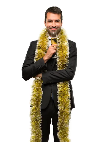 Чоловік Шампанським Святкує Новий 2019 Рік Посміхаючись Дивлячись Фронт Впевненим — стокове фото