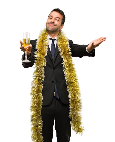 Чоловік Шампанським Який Святкує Новий 2019 Рік Представляє Пропонує Прийти — стокове фото