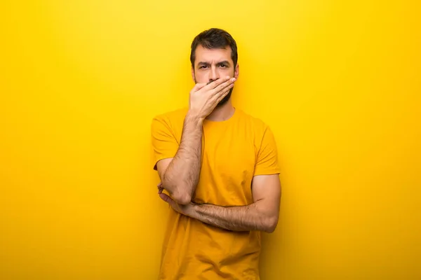 Man Isolated Vibrant Yellow Color Covering Mouth Hands Saying Something — Stock Photo, Image