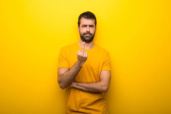 Homem Cor Amarela Vibrante Isolado Fazendo Gesto Chifre — Fotografia de Stock