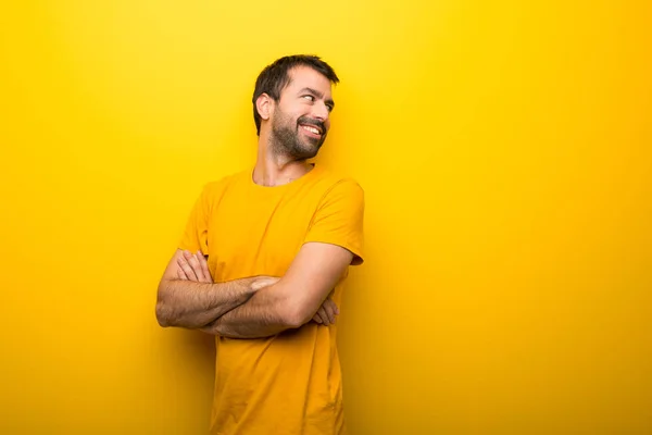 Man Isolated Vibrant Yellow Color Looking Shoulder Smile — Stock Photo, Image