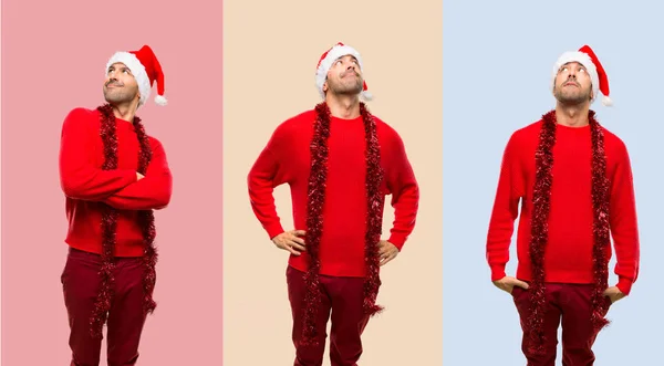 Set Man Met Rode Kleren Vieren Kerstvakantie Opzoeken — Stockfoto