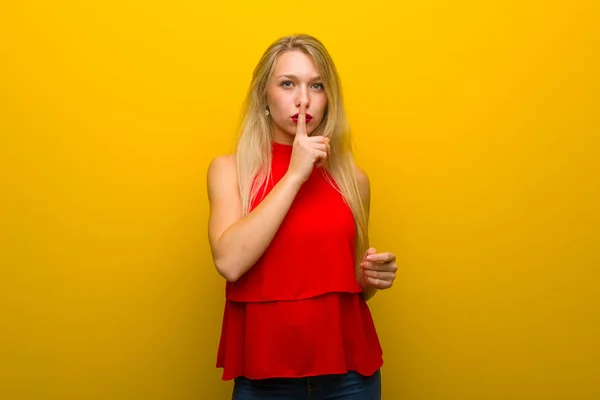 Young Girl Red Dress Yellow Wall Showing Sign Silence Gesture — Stock Photo, Image