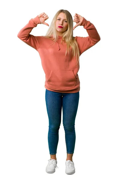 Full Length Shot Young Girl Showing Thumb Both Hands Isolated — Stock Photo, Image