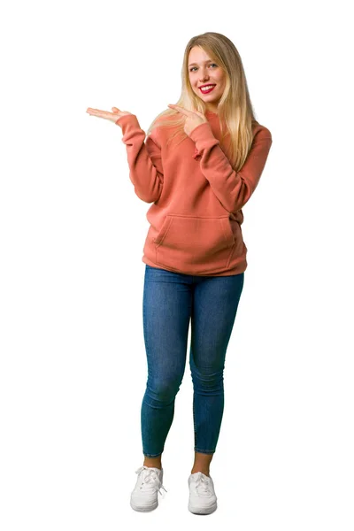Full Length Shot Young Girl Holding Copyspace Imaginary Palm Insert — Stock Photo, Image