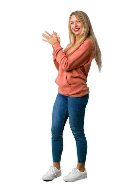 Full Length Shot Young Girl Applauding Presentation Conference Isolated White — Stock Photo, Image