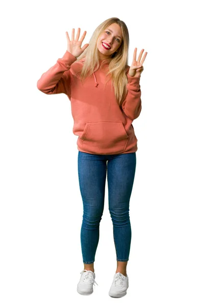 Full Length Shot Young Girl Counting Eight Fingers Isolated White — Stock Photo, Image