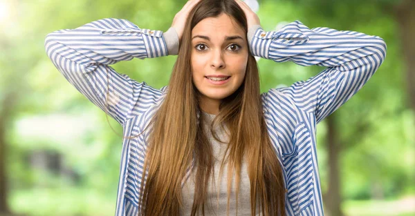 Young Girl Striped Shirt Takes Hands Head Because Has Migraine — Stock Photo, Image
