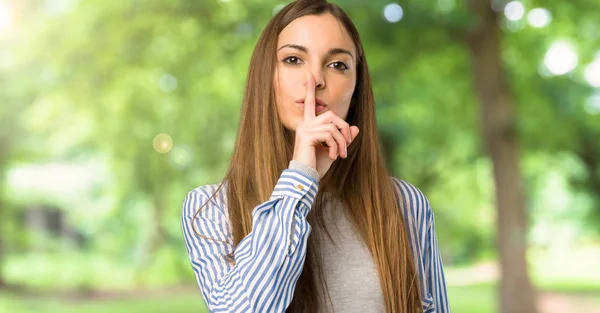 Young Girl Striped Shirt Showing Sign Silence Gesture Putting Finger — Stock Photo, Image