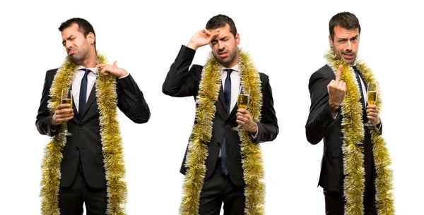 Conjunto Homem Com Champanhe Celebrando Ano Novo 2019 Com Expressão — Fotografia de Stock