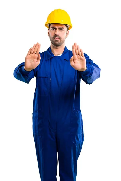 Joven Obrero Con Casco Haciendo Gesto Stop Con Mano Para — Foto de Stock