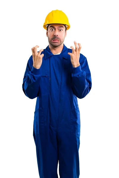 Young Workman Helmet Annoyed Angry Furious Gesture Negative Expression Isolated — Stock Photo, Image