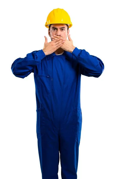 Young Workman Helmet Covering Mouth Hands Saying Something Inappropriate Can — Stock Photo, Image