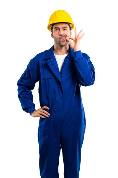 Young Workman Helmet Showing Sign Closing Mouth Silence Gesture Doing — Stock Photo, Image