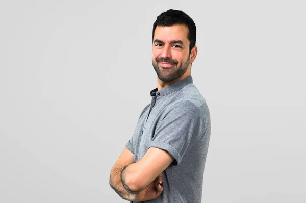 Handsome Man Keeping Arms Crossed Grey Background — Stock Photo, Image