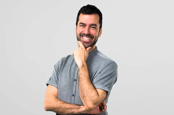 Handsome Man Laughing Grey Background — Stock Photo, Image