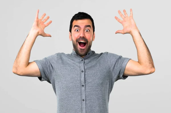 Handsome Man Surprise Shocked Facial Expression Grey Background — Stock Photo, Image