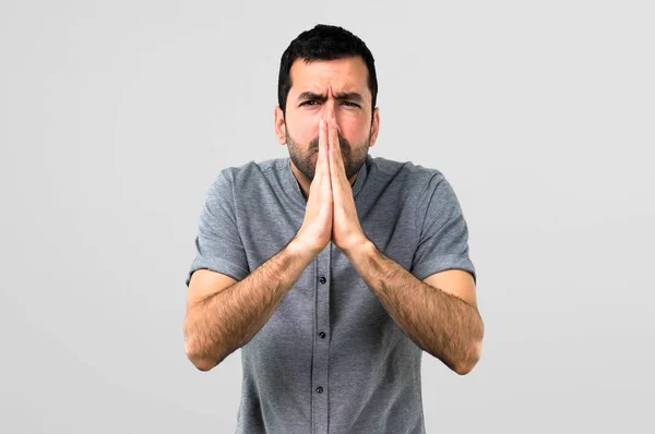 Handsome Man Pleading Grey Background — Stock Photo, Image