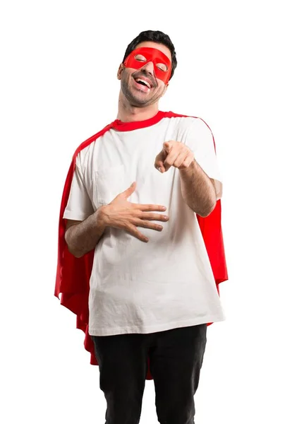 Superhero Man Mask Red Cape Pointing Finger Someone Laughing Lot — Stock Photo, Image