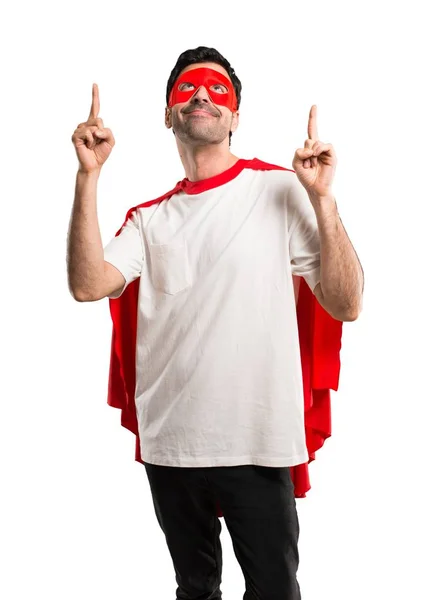 Hombre Superhéroe Con Máscara Capa Roja Señalando Con Dedo Índice —  Fotos de Stock