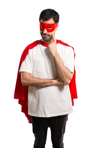 Superhrdina Muž Maskou Červená Mys Stál Díval Popředí Otevření Oka — Stock fotografie