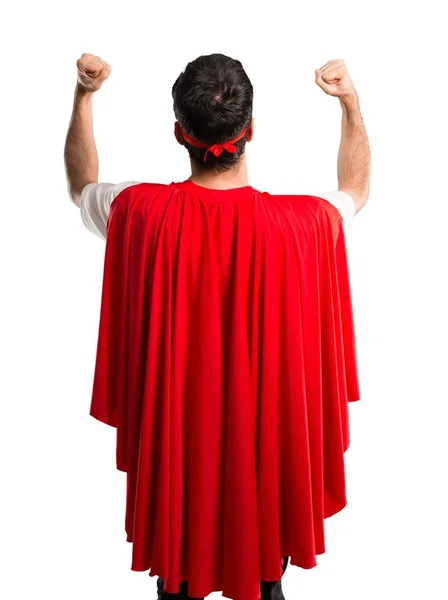 Супергерой Маске Красной Накидке Празднует Победу Удивляется Успеху Изолированном Белом — стоковое фото